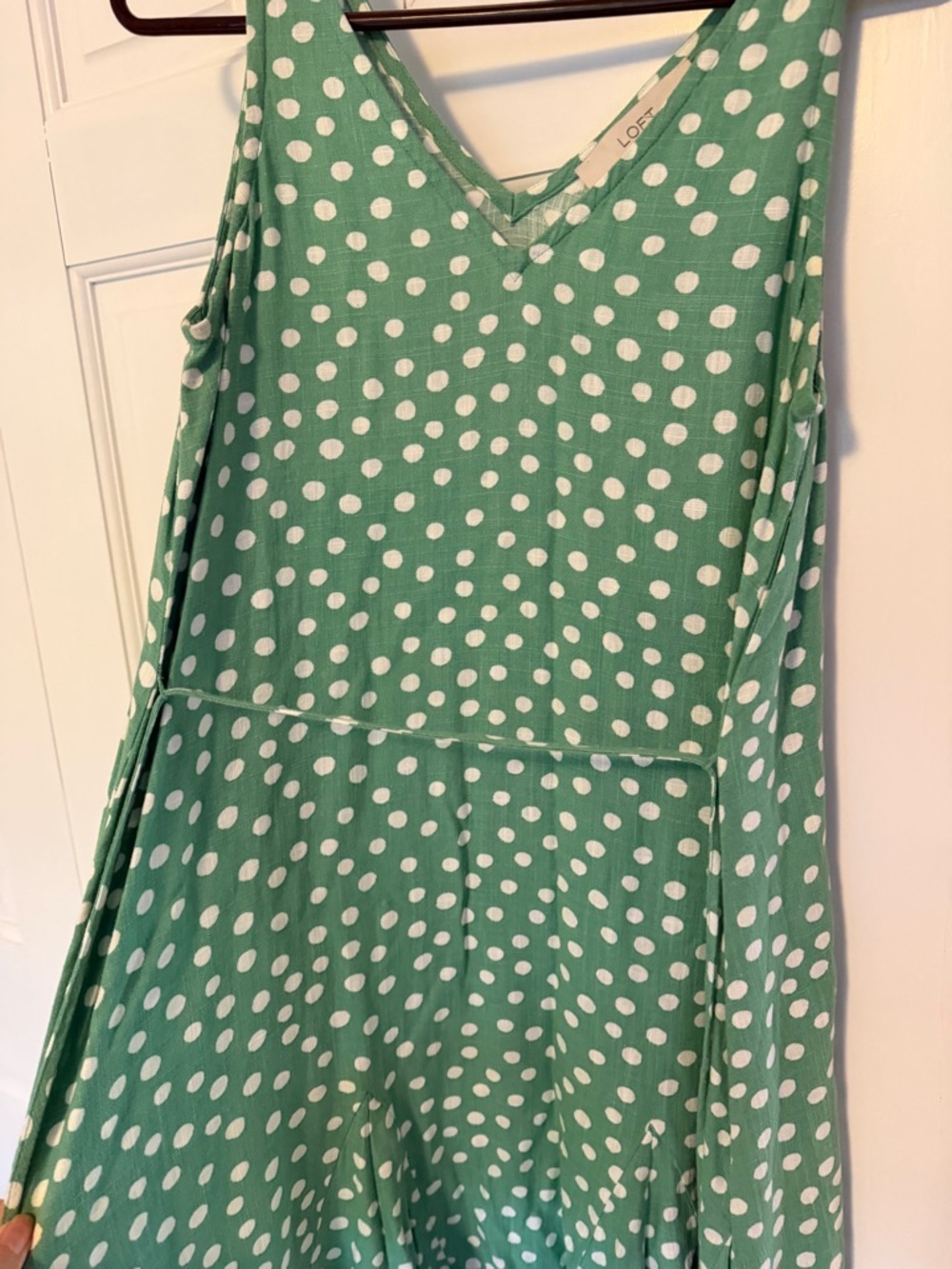 LOFT Linen Blend Midi Dress Petite Small Green Polka Dot Sleeveless Tie Waist - Picture 5 of 7
